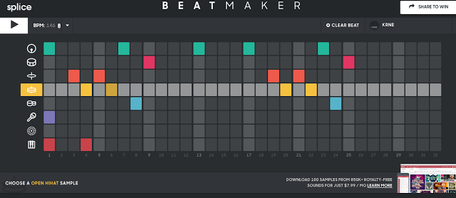 在Beat Maker平台中，是一個8拍，兩個Bar的編曲場景，是一個很基本的編輯模式，從這邊你可以簡單快速的來編輯你的鼓組並分享在平台上和大家切搓